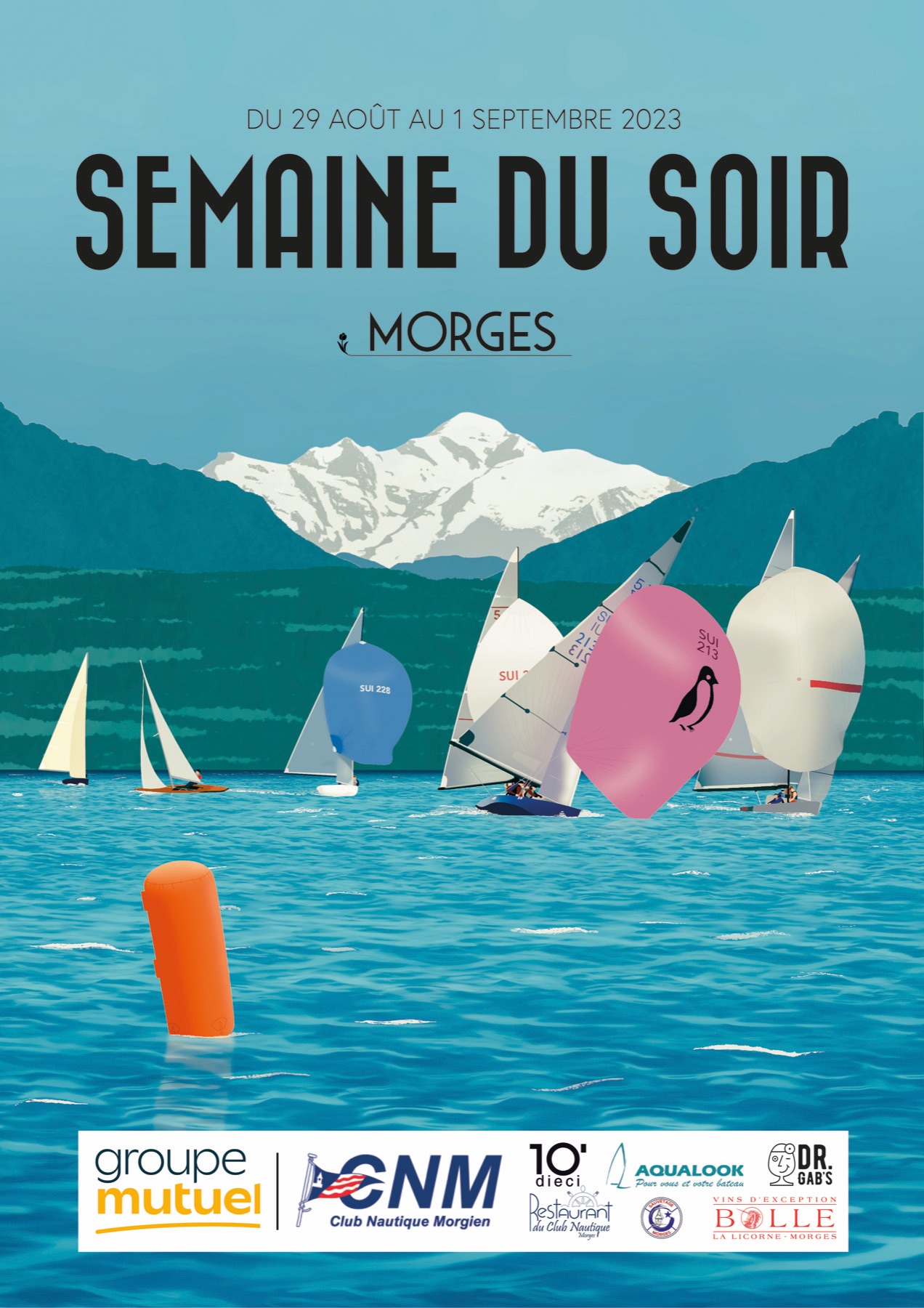 Affiche Semaine du soir Morges 2023 : voiliers sur le Léman devant les Alpes et le château de Morges.
